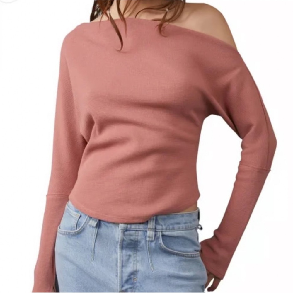 We the Free Fuji Thermal Off Shoulder Boat Neck Waffle Knit Pink Top